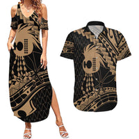 Ikaika Hawaiian Mythic Koa Tribal Warrior Couples Matching Summer Maxi Dress and Hawaiian Shirt