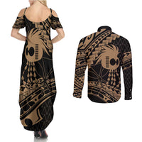 Ikaika Hawaiian Mythic Koa Tribal Warrior Couples Matching Summer Maxi Dress and Long Sleeve Button Shirt