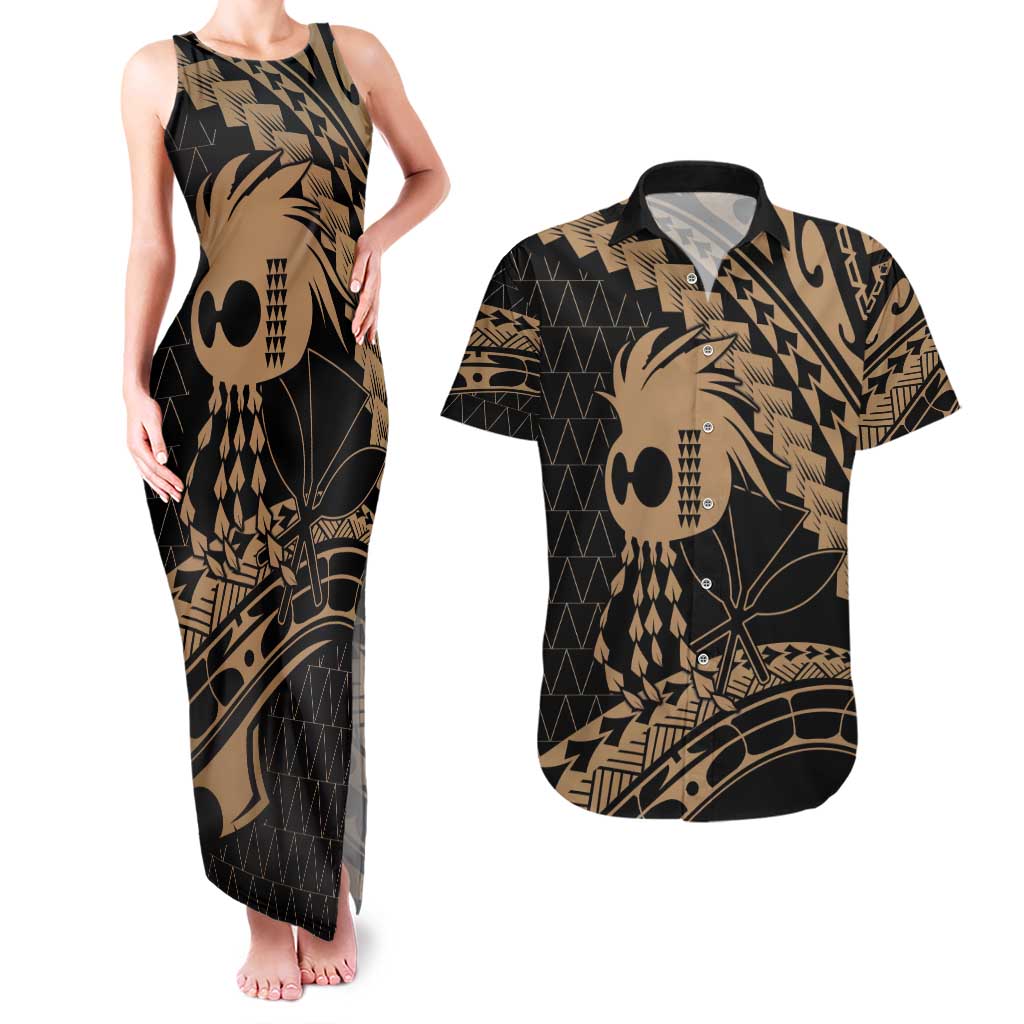 Ikaika Hawaiian Mythic Koa Tribal Warrior Couples Matching Tank Maxi Dress and Hawaiian Shirt