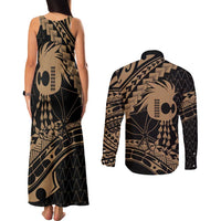 Ikaika Hawaiian Mythic Koa Tribal Warrior Couples Matching Tank Maxi Dress and Long Sleeve Button Shirt