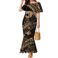 Ikaika Hawaiian Mythic Koa Tribal Warrior Family Matching Mermaid Dress and Hawaiian Shirt LT9 Mom's Dress Gold - Polynesian Pride