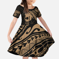 Ikaika Hawaiian Mythic Koa Tribal Warrior Family Matching Off The Shoulder Long Sleeve Dress and Hawaiian Shirt LT9 Daughter's Dress Gold - Polynesian Pride