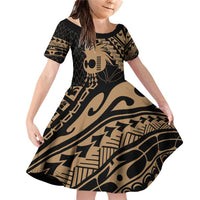 Ikaika Hawaiian Mythic Koa Tribal Warrior Family Matching Off Shoulder Short Dress and Hawaiian Shirt LT9 Daughter's Dress Gold - Polynesian Pride