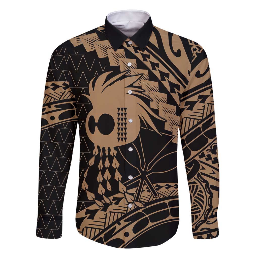 Ikaika Hawaiian Mythic Koa Tribal Warrior Family Matching Off Shoulder Short Dress and Hawaiian Shirt LT9 Dad's Shirt - Long Sleeve Gold - Polynesian Pride