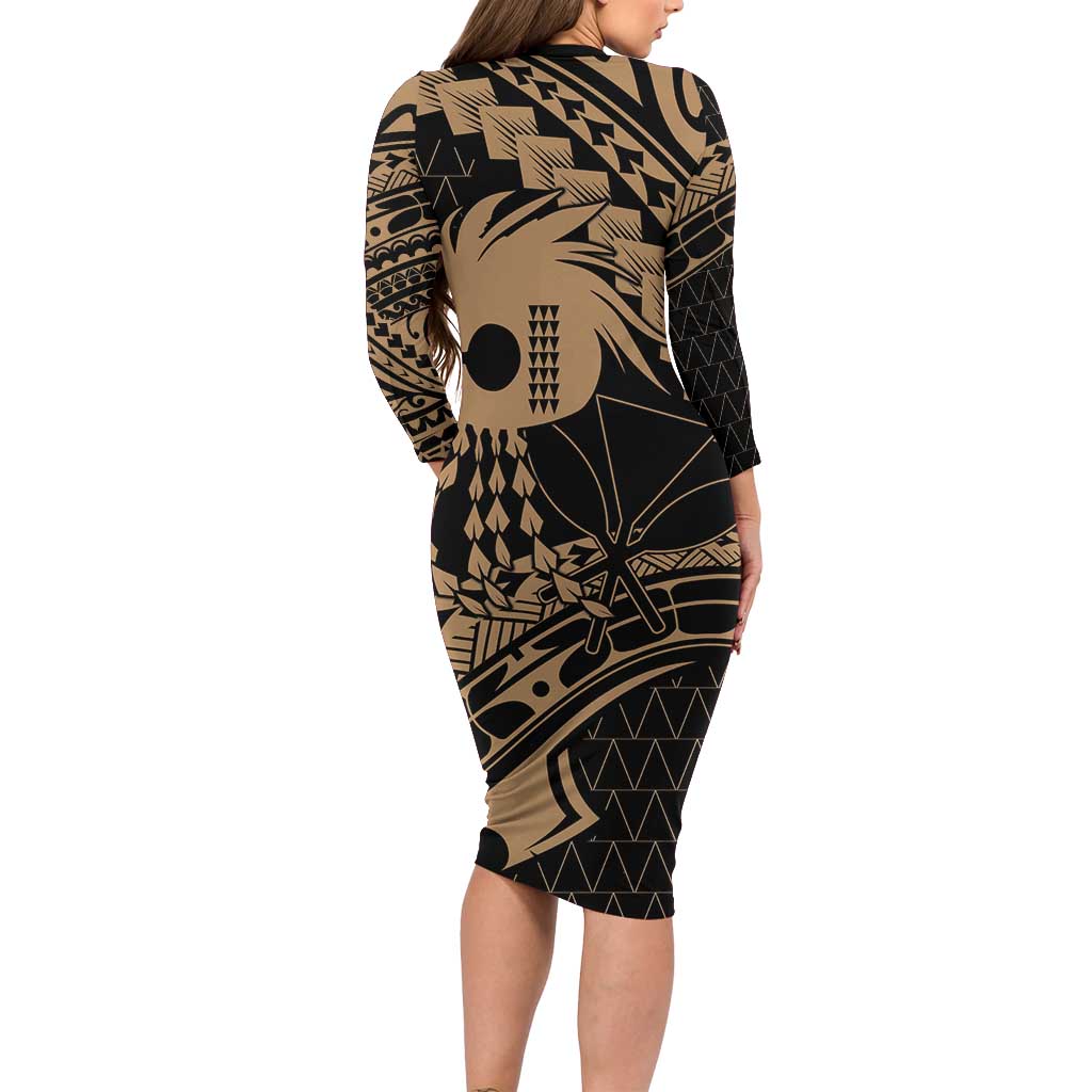 Ikaika Hawaiian Mythic Koa Tribal Warrior Long Sleeve Bodycon Dress LT9 - Polynesian Pride
