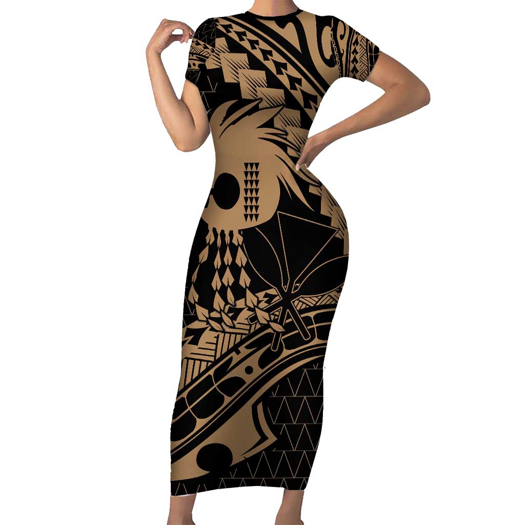 Ikaika Hawaiian Mythic Koa Tribal Warrior Short Sleeve Bodycon Dress LT9 Long Dress Gold - Polynesian Pride