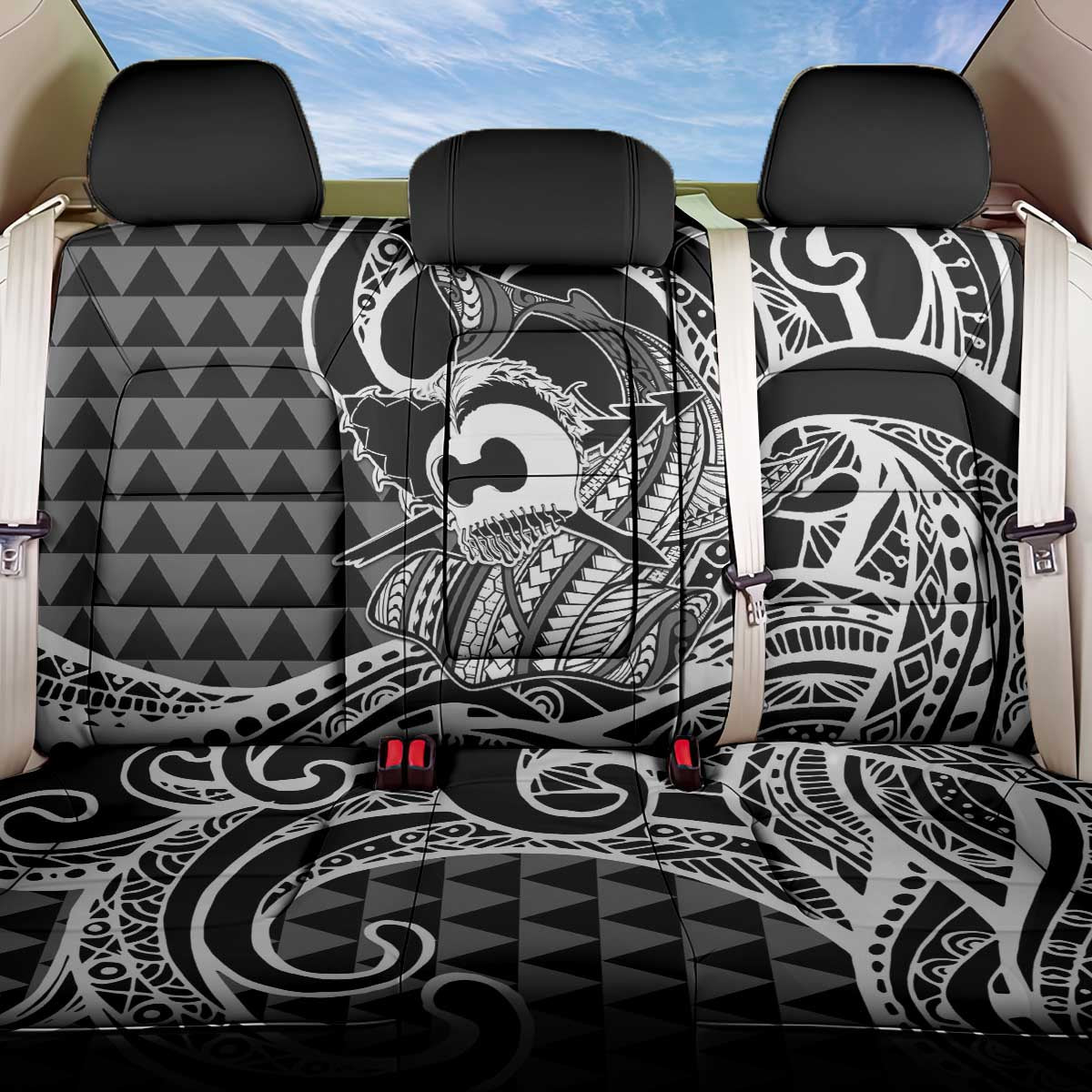 Koa Ikaika Warrior Helmet with Shark Back Car Seat Cover Black Kakau Style LT9 One Size Black - Polynesian Pride
