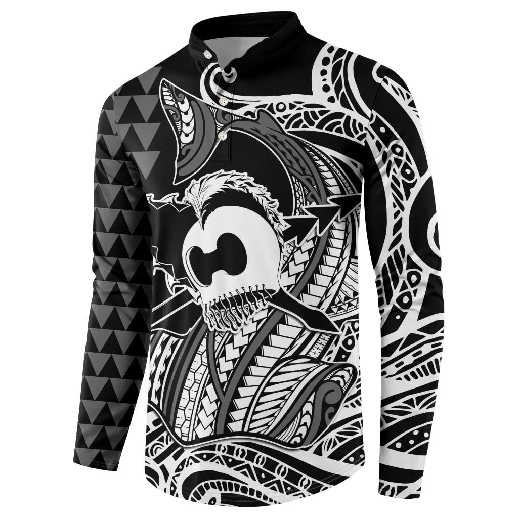 Koa Ikaika Warrior Helmet with Shark Button Sweatshirt Black Kakau Style