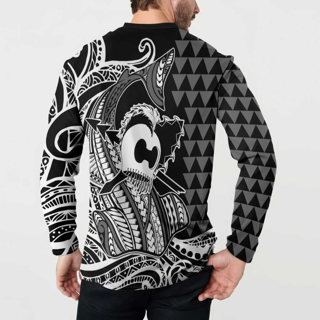 Koa Ikaika Warrior Helmet with Shark Button Sweatshirt Black Kakau Style