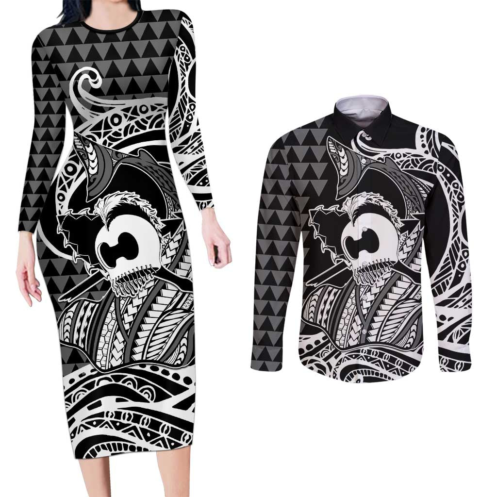 Koa Ikaika Warrior Helmet with Shark Couples Matching Long Sleeve Bodycon Dress and Long Sleeve Button Shirt Black Kakau Style