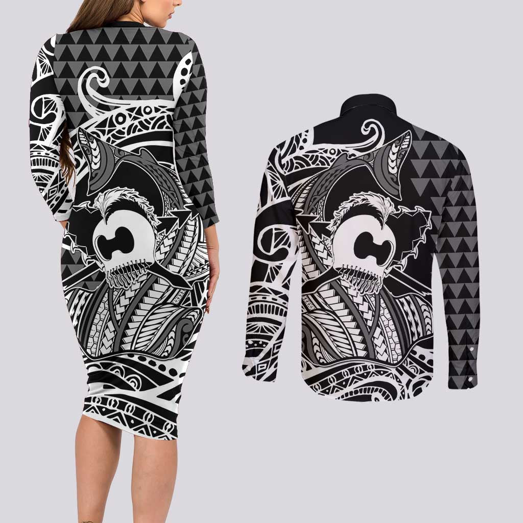 Koa Ikaika Warrior Helmet with Shark Couples Matching Long Sleeve Bodycon Dress and Long Sleeve Button Shirt Black Kakau Style