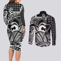 Koa Ikaika Warrior Helmet with Shark Couples Matching Long Sleeve Bodycon Dress and Long Sleeve Button Shirt Black Kakau Style
