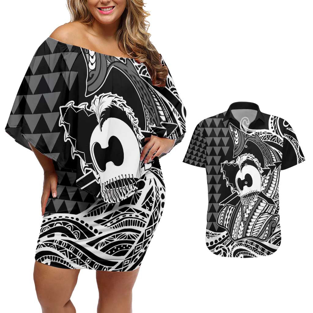 Koa Ikaika Warrior Helmet with Shark Couples Matching Off Shoulder Short Dress and Hawaiian Shirt Black Kakau Style