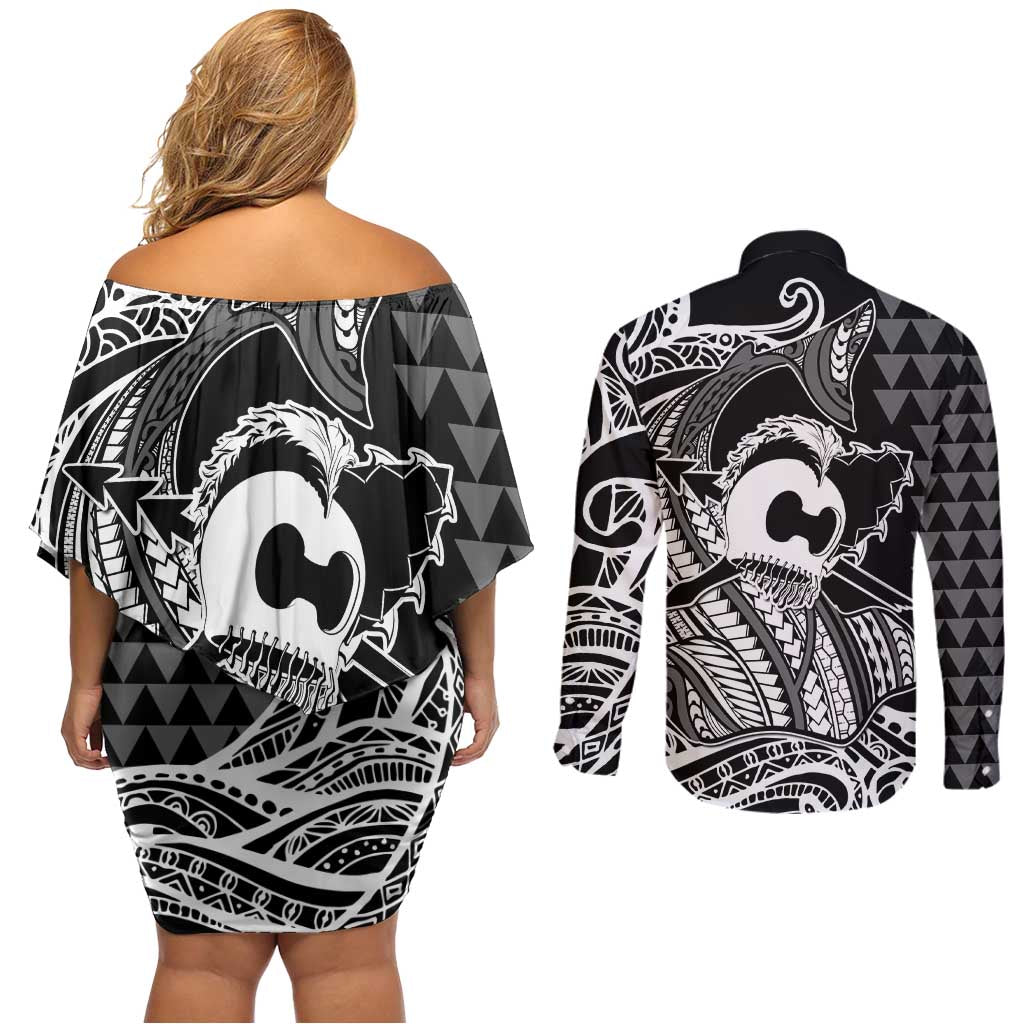 Koa Ikaika Warrior Helmet with Shark Couples Matching Off Shoulder Short Dress and Long Sleeve Button Shirt Black Kakau Style