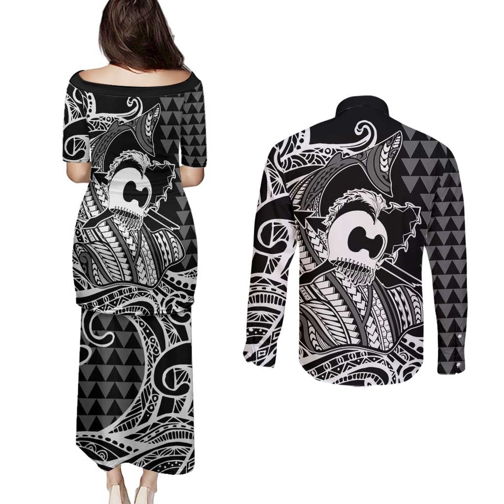Koa Ikaika Warrior Helmet with Shark Couples Matching Puletasi and Long Sleeve Button Shirt Black Kakau Style