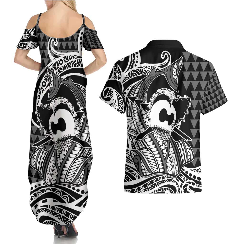 Koa Ikaika Warrior Helmet with Shark Couples Matching Summer Maxi Dress and Hawaiian Shirt Black Kakau Style