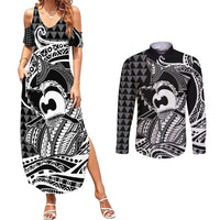 Koa Ikaika Warrior Helmet with Shark Couples Matching Summer Maxi Dress and Long Sleeve Button Shirt Black Kakau Style