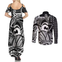 Koa Ikaika Warrior Helmet with Shark Couples Matching Summer Maxi Dress and Long Sleeve Button Shirt Black Kakau Style