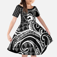 Koa Ikaika Warrior Helmet with Shark Family Matching Long Sleeve Bodycon Dress and Hawaiian Shirt Black Kakau Style LT9 Daughter's Dress Black - Polynesian Pride