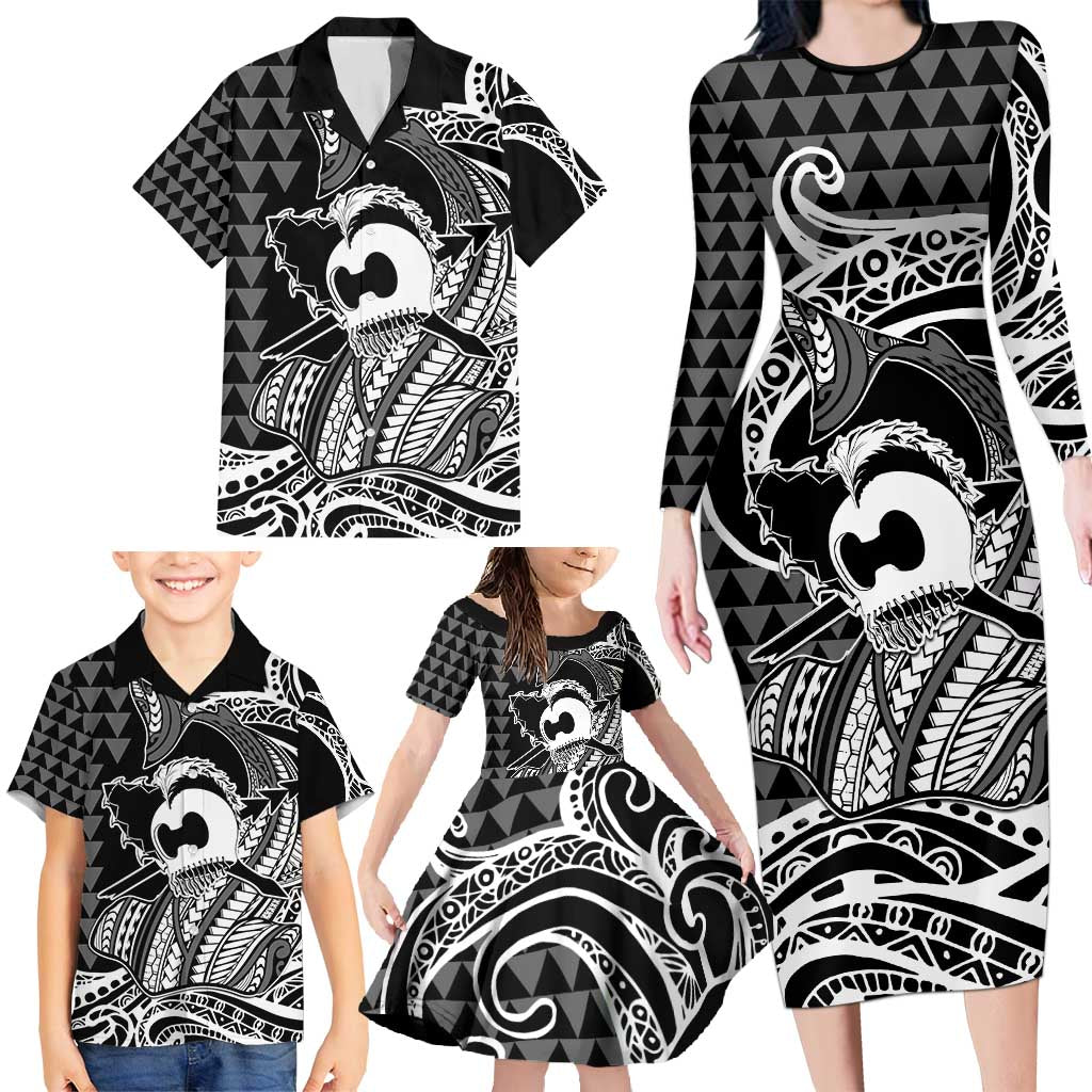 Koa Ikaika Warrior Helmet with Shark Family Matching Long Sleeve Bodycon Dress and Hawaiian Shirt Black Kakau Style LT9 - Polynesian Pride