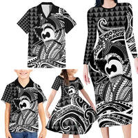 Koa Ikaika Warrior Helmet with Shark Family Matching Long Sleeve Bodycon Dress and Hawaiian Shirt Black Kakau Style LT9 - Polynesian Pride