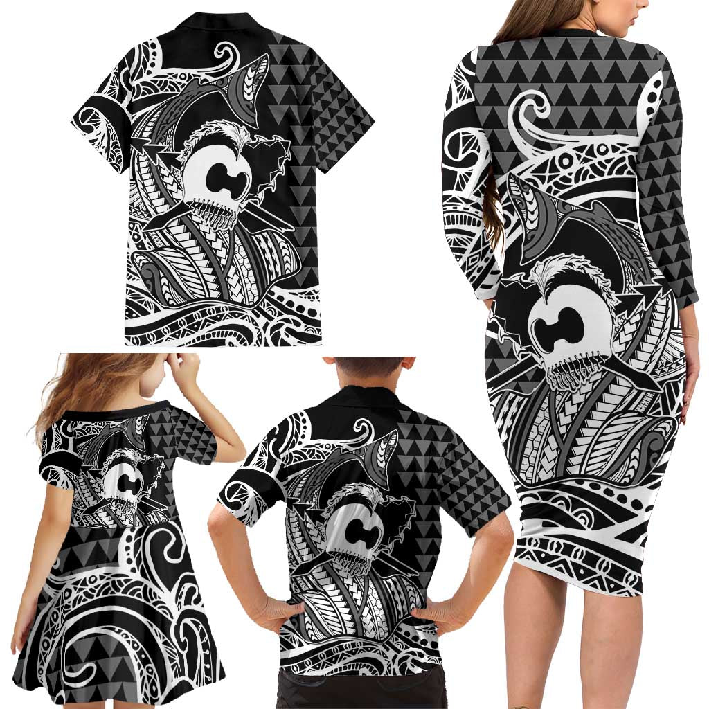 Koa Ikaika Warrior Helmet with Shark Family Matching Long Sleeve Bodycon Dress and Hawaiian Shirt Black Kakau Style LT9 - Polynesian Pride