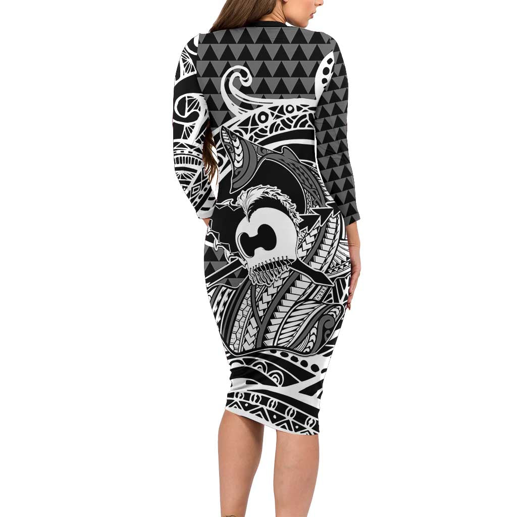 Koa Ikaika Warrior Helmet with Shark Family Matching Long Sleeve Bodycon Dress and Hawaiian Shirt Black Kakau Style LT9 - Polynesian Pride