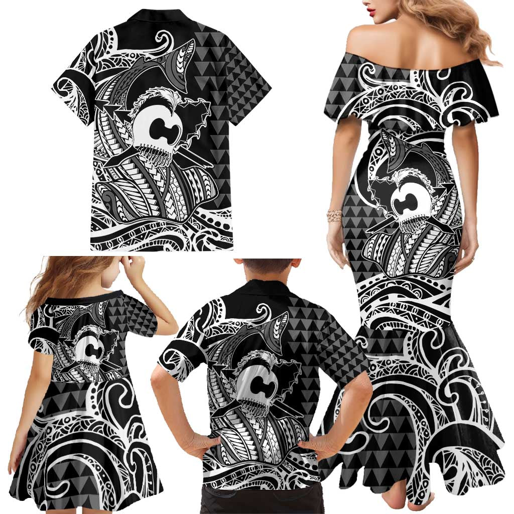 Koa Ikaika Warrior Helmet with Shark Family Matching Mermaid Dress and Hawaiian Shirt Black Kakau Style LT9 - Polynesian Pride
