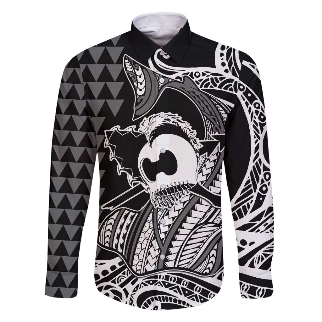 Koa Ikaika Warrior Helmet with Shark Family Matching Mermaid Dress and Hawaiian Shirt Black Kakau Style LT9 Dad's Shirt - Long Sleeve Black - Polynesian Pride
