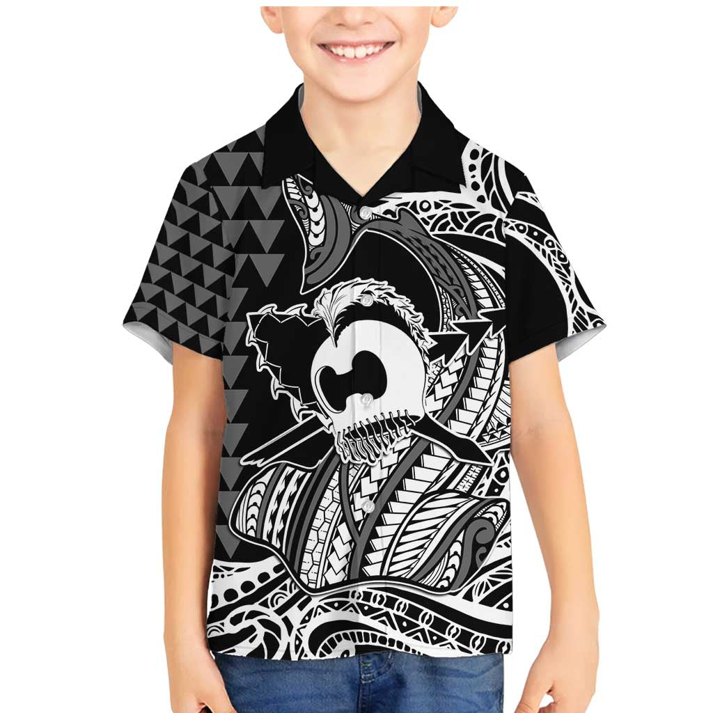 Koa Ikaika Warrior Helmet with Shark Family Matching Mermaid Dress and Hawaiian Shirt Black Kakau Style LT9 Son's Shirt Black - Polynesian Pride