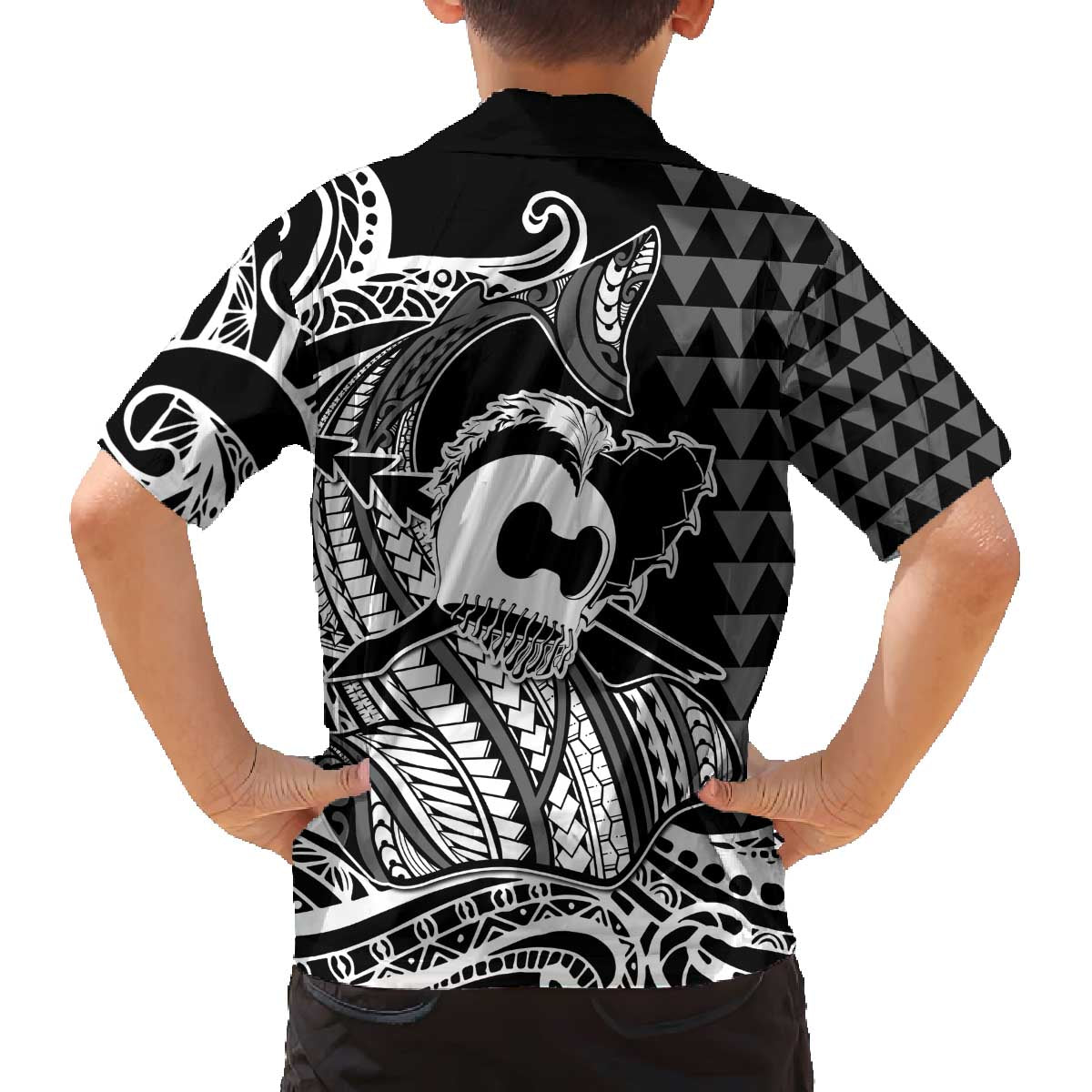 Koa Ikaika Warrior Helmet with Shark Family Matching Off The Shoulder Long Sleeve Dress and Hawaiian Shirt Black Kakau Style LT9 - Polynesian Pride