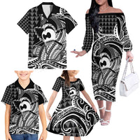 Koa Ikaika Warrior Helmet with Shark Family Matching Off The Shoulder Long Sleeve Dress and Hawaiian Shirt Black Kakau Style LT9 - Polynesian Pride