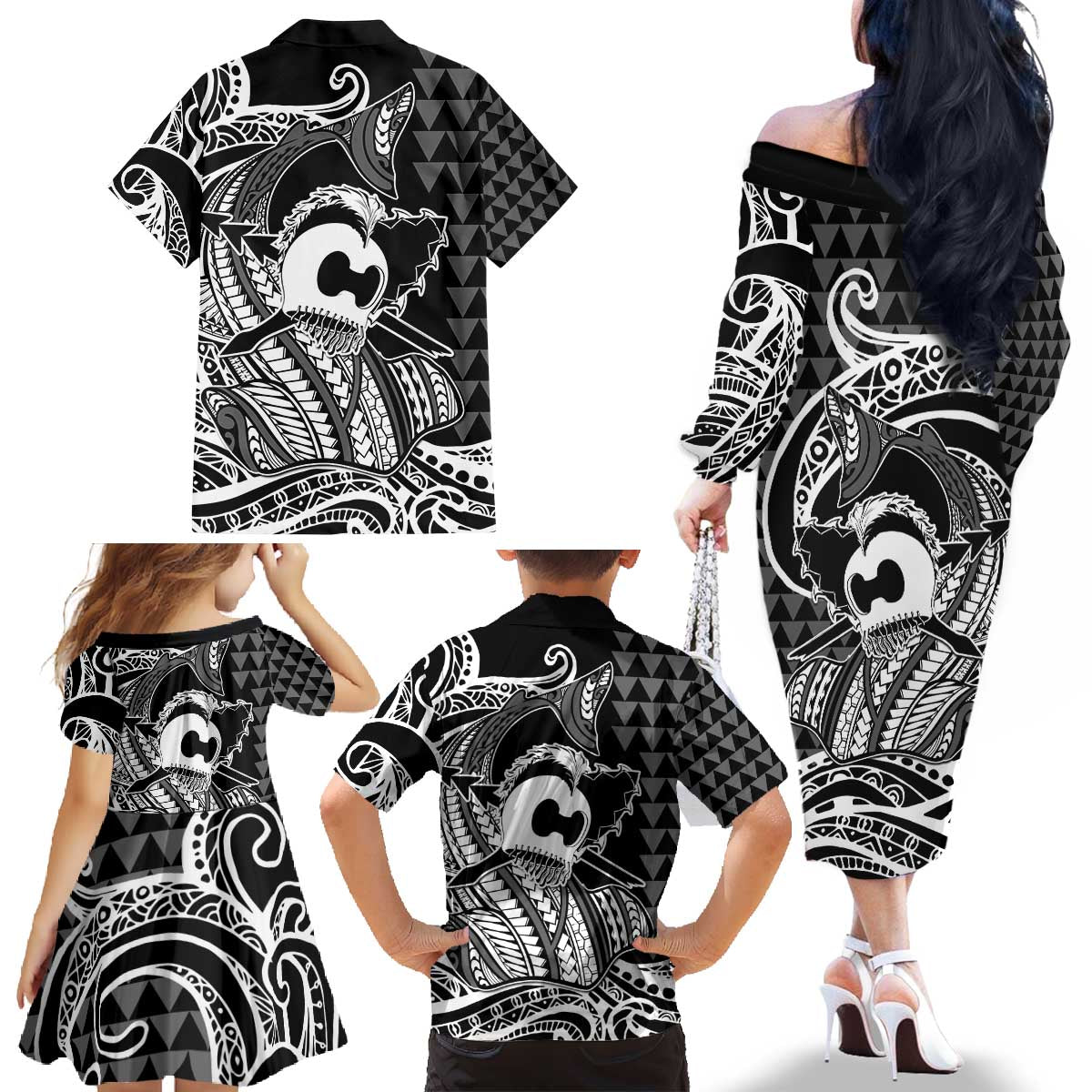Koa Ikaika Warrior Helmet with Shark Family Matching Off The Shoulder Long Sleeve Dress and Hawaiian Shirt Black Kakau Style LT9 - Polynesian Pride