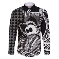 Koa Ikaika Warrior Helmet with Shark Family Matching Off Shoulder Maxi Dress and Hawaiian Shirt Black Kakau Style LT9 Dad's Shirt - Long Sleeve Black - Polynesian Pride