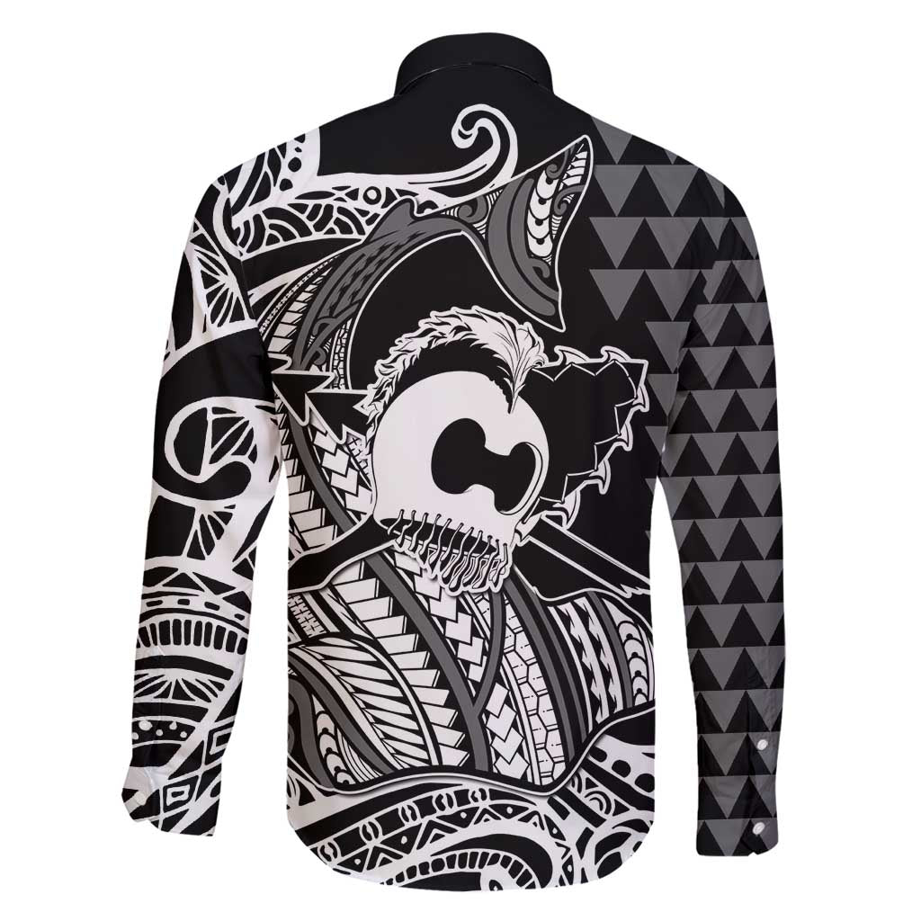 Koa Ikaika Warrior Helmet with Shark Family Matching Off Shoulder Maxi Dress and Hawaiian Shirt Black Kakau Style LT9 - Polynesian Pride
