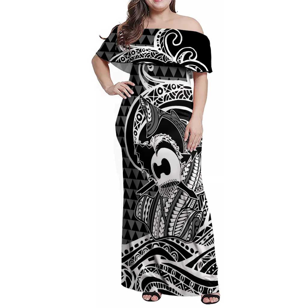 Koa Ikaika Warrior Helmet with Shark Family Matching Off Shoulder Maxi Dress and Hawaiian Shirt Black Kakau Style LT9 Mom's Dress Black - Polynesian Pride