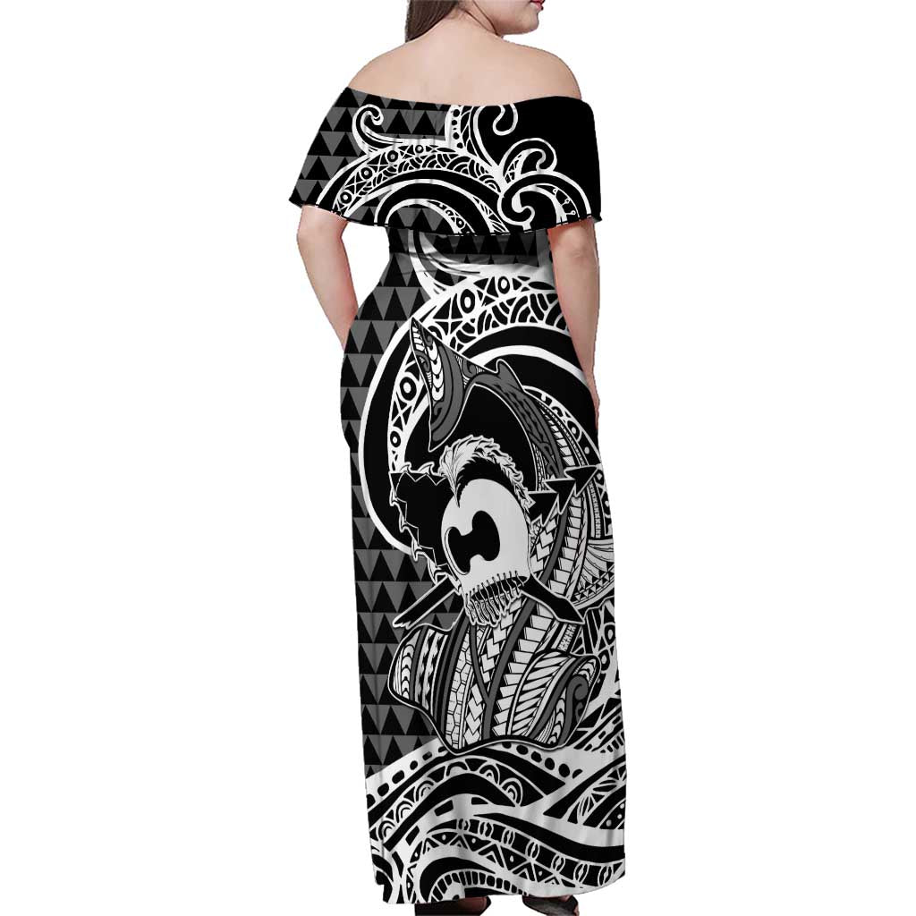 Koa Ikaika Warrior Helmet with Shark Family Matching Off Shoulder Maxi Dress and Hawaiian Shirt Black Kakau Style LT9 - Polynesian Pride