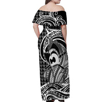 Koa Ikaika Warrior Helmet with Shark Family Matching Off Shoulder Maxi Dress and Hawaiian Shirt Black Kakau Style LT9 - Polynesian Pride