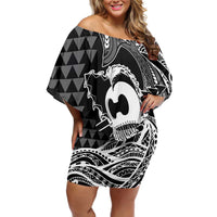 Koa Ikaika Warrior Helmet with Shark Family Matching Off Shoulder Short Dress and Hawaiian Shirt Black Kakau Style LT9 Mom's Dress Black - Polynesian Pride