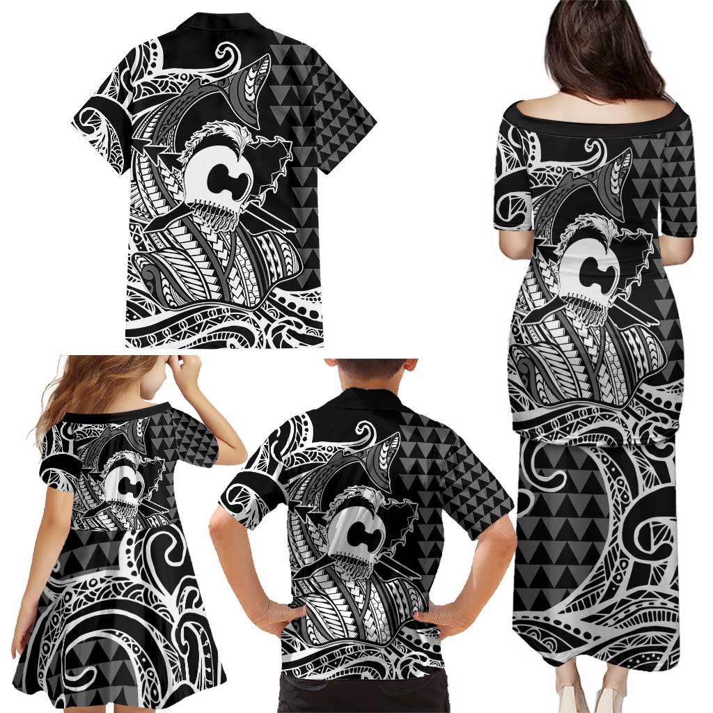Koa Ikaika Warrior Helmet with Shark Family Matching Puletasi and Hawaiian Shirt Black Kakau Style