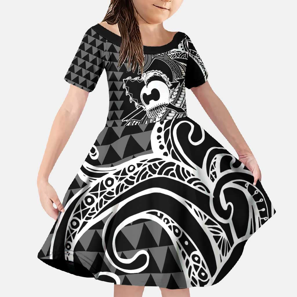 Koa Ikaika Warrior Helmet with Shark Family Matching Short Sleeve Bodycon Dress and Hawaiian Shirt Black Kakau Style LT9 Daughter's Dress Black - Polynesian Pride