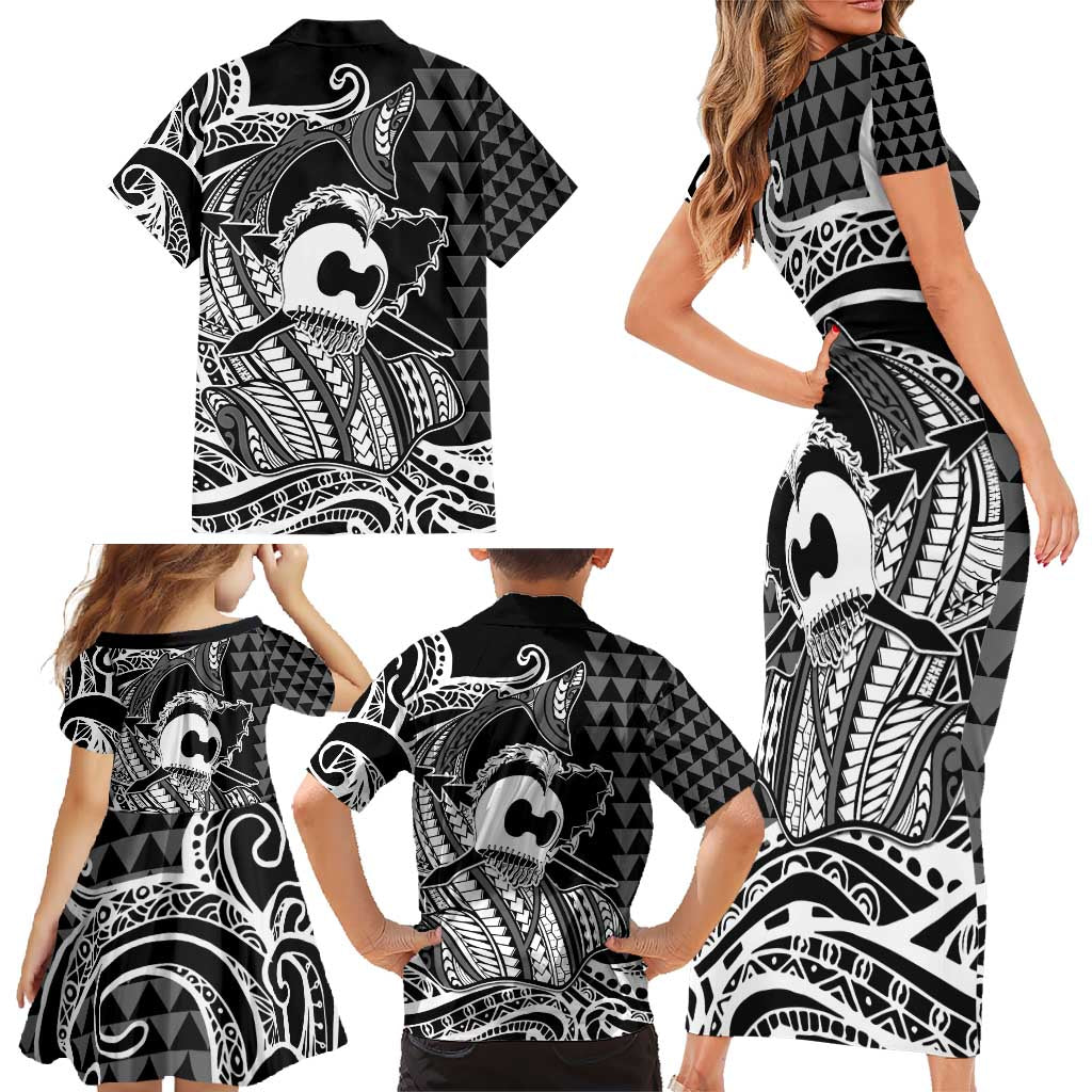 Koa Ikaika Warrior Helmet with Shark Family Matching Short Sleeve Bodycon Dress and Hawaiian Shirt Black Kakau Style LT9 - Polynesian Pride