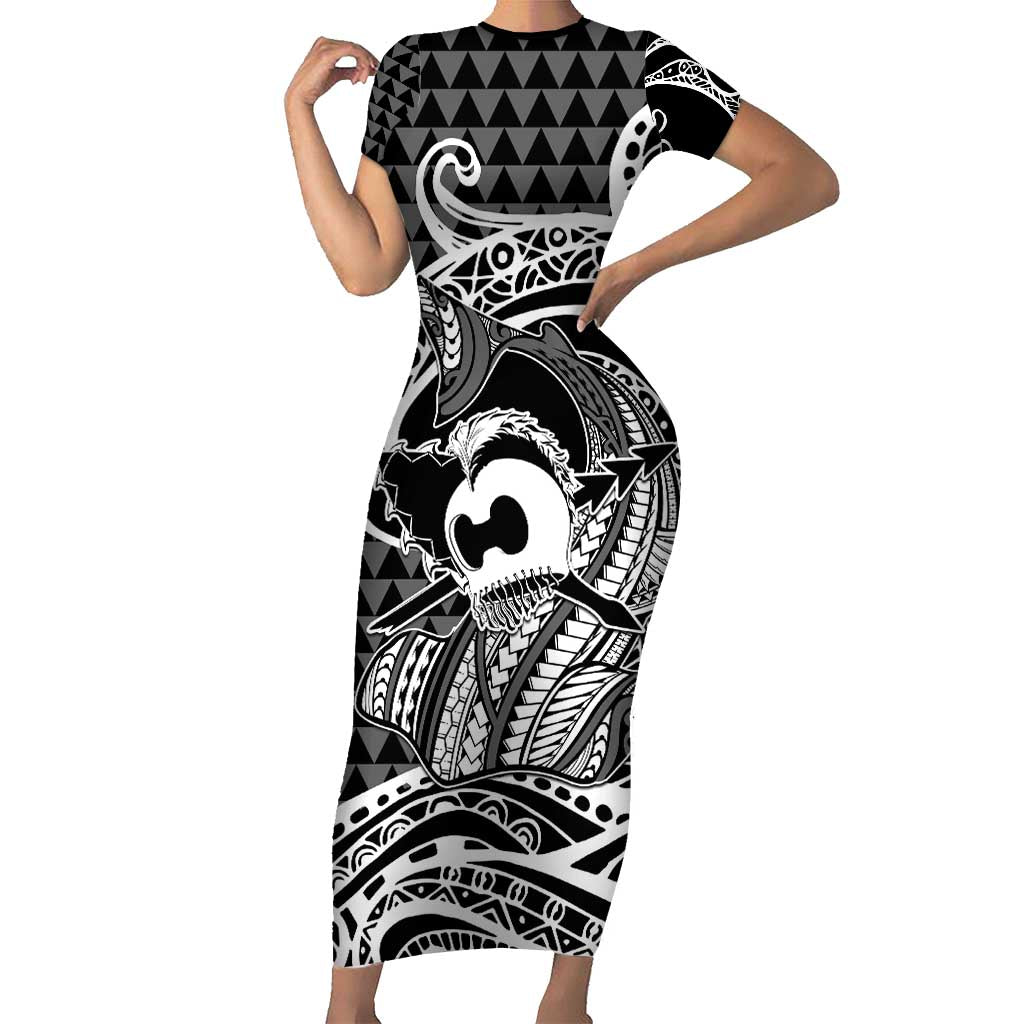 Koa Ikaika Warrior Helmet with Shark Family Matching Short Sleeve Bodycon Dress and Hawaiian Shirt Black Kakau Style LT9 Mom's Dress Black - Polynesian Pride