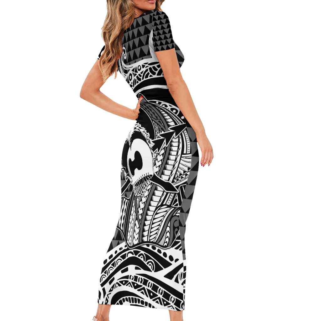 Koa Ikaika Warrior Helmet with Shark Family Matching Short Sleeve Bodycon Dress and Hawaiian Shirt Black Kakau Style LT9 - Polynesian Pride