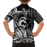 Koa Ikaika Warrior Helmet with Shark Family Matching Summer Maxi Dress and Hawaiian Shirt Black Kakau Style LT9 - Polynesian Pride