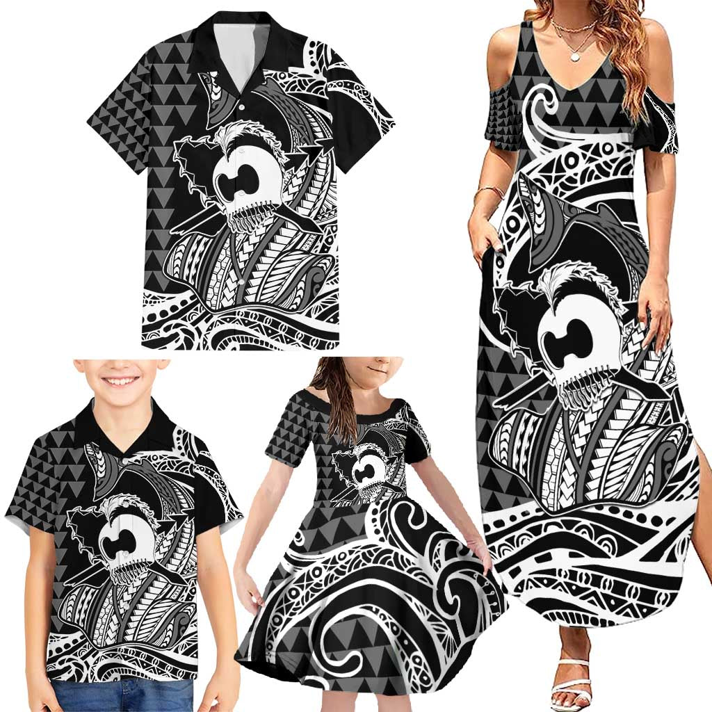 Koa Ikaika Warrior Helmet with Shark Family Matching Summer Maxi Dress and Hawaiian Shirt Black Kakau Style LT9 - Polynesian Pride