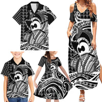 Koa Ikaika Warrior Helmet with Shark Family Matching Summer Maxi Dress and Hawaiian Shirt Black Kakau Style LT9 - Polynesian Pride