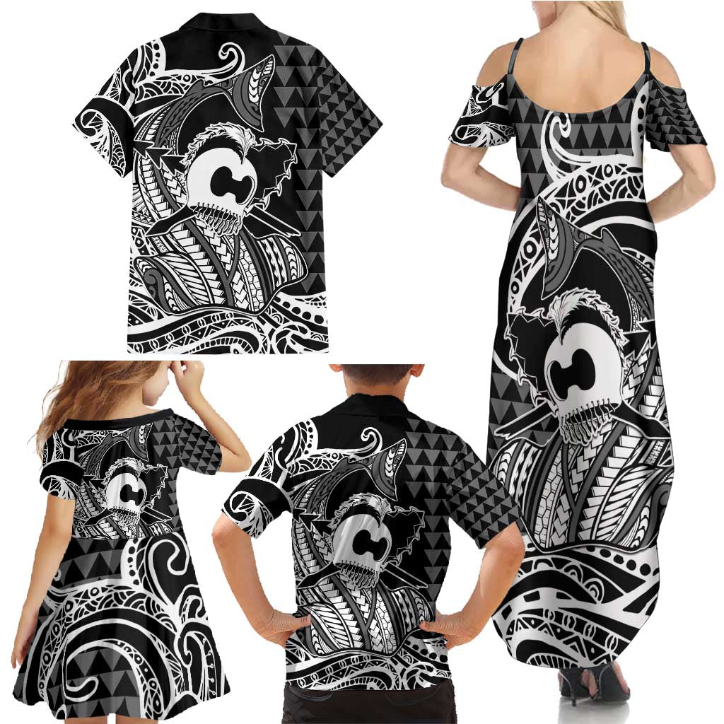 Koa Ikaika Warrior Helmet with Shark Family Matching Summer Maxi Dress and Hawaiian Shirt Black Kakau Style LT9 - Polynesian Pride