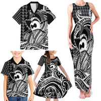 Koa Ikaika Warrior Helmet with Shark Family Matching Tank Maxi Dress and Hawaiian Shirt Black Kakau Style LT9 - Polynesian Pride