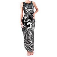 Koa Ikaika Warrior Helmet with Shark Family Matching Tank Maxi Dress and Hawaiian Shirt Black Kakau Style LT9 Mom's Dress Black - Polynesian Pride